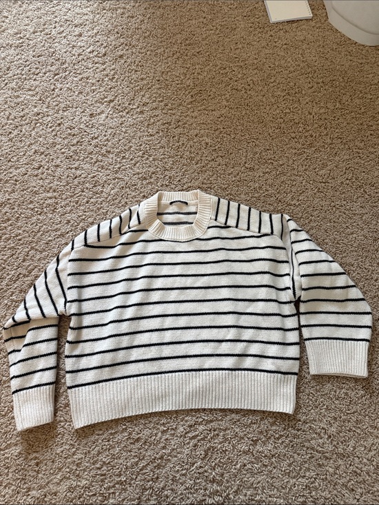T Tahari Sweaters - T Tahari Cream and Black Striped Crewneck Sweater
